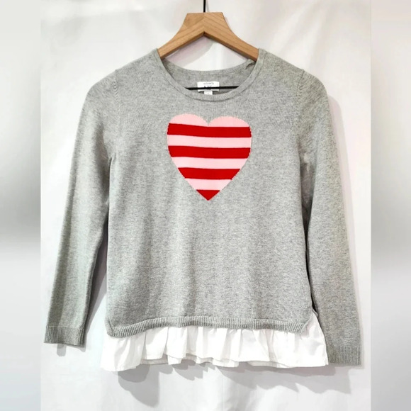 Crown‎ & Ivy Kids Girls' Gray Sweater Size Large Pink Red Striped Heart Ruffle - Picture 1 of 8